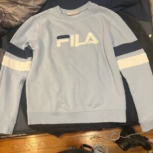 Fila womens baby blue crew neck sweater with Navy & White Stripes.
